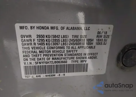 2018 Honda Pilot Ex-L from USA, damaged, VIN 5FNYF6H72JB063660